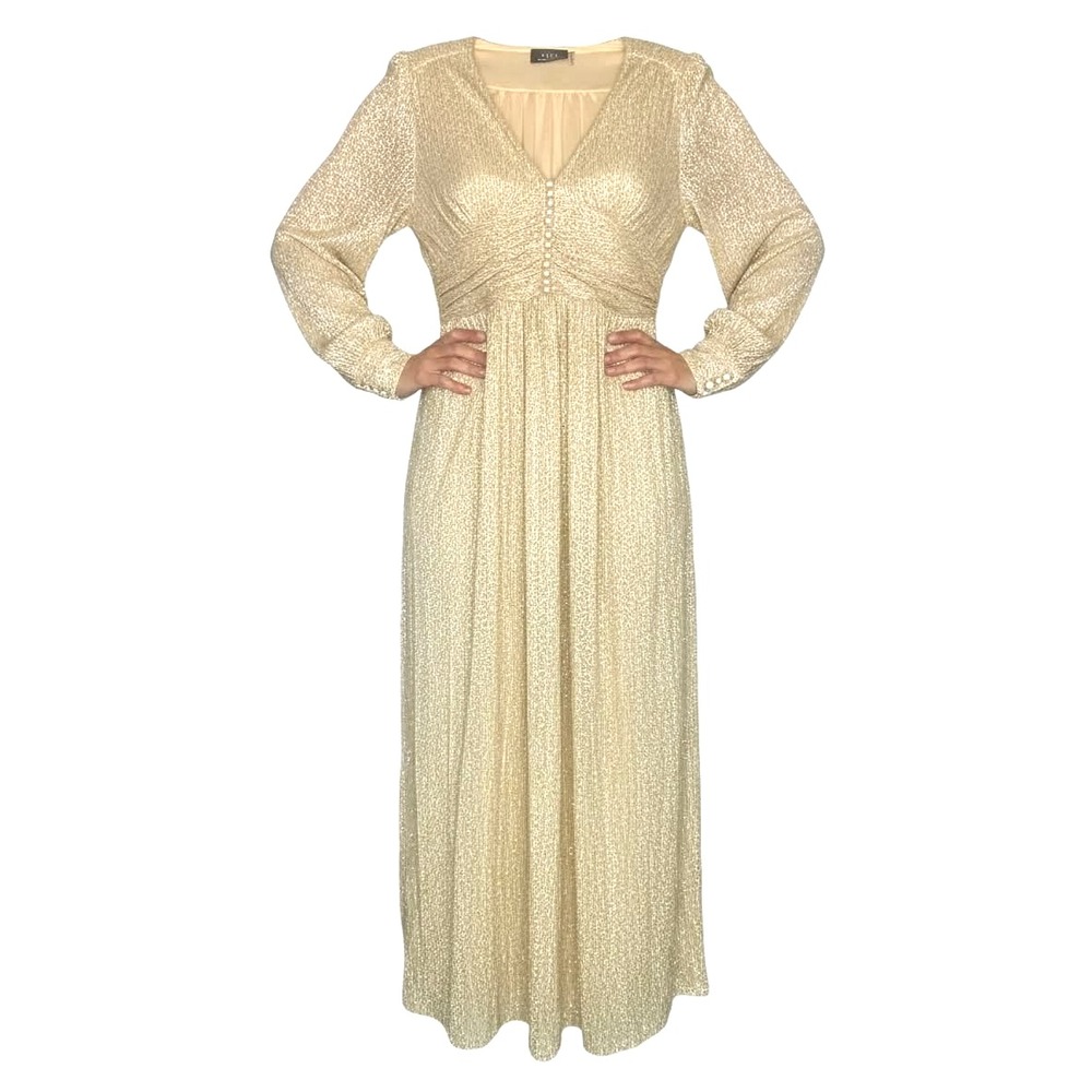VICI Eternal Grace Metallic Plisse Maxi Dress Gold Formal Long Sleeve XS